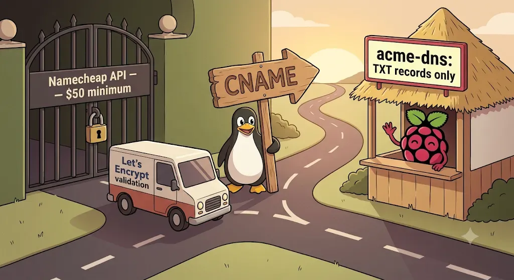 DNS-01 validation happily follows the detour — the locked gate never even notices — image generated via Nano Banana — cs.lev