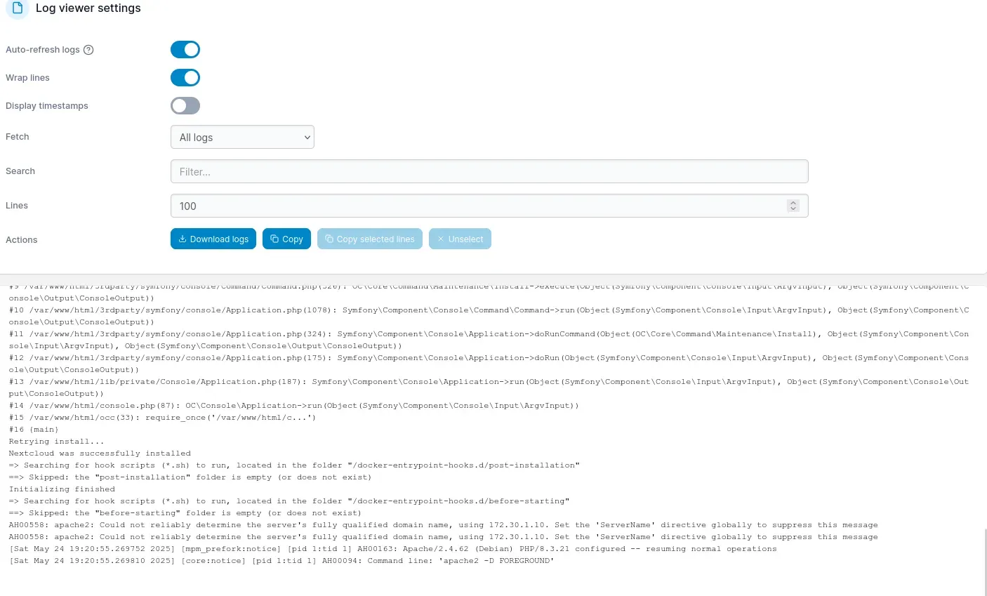 Logs of the nextcloud container