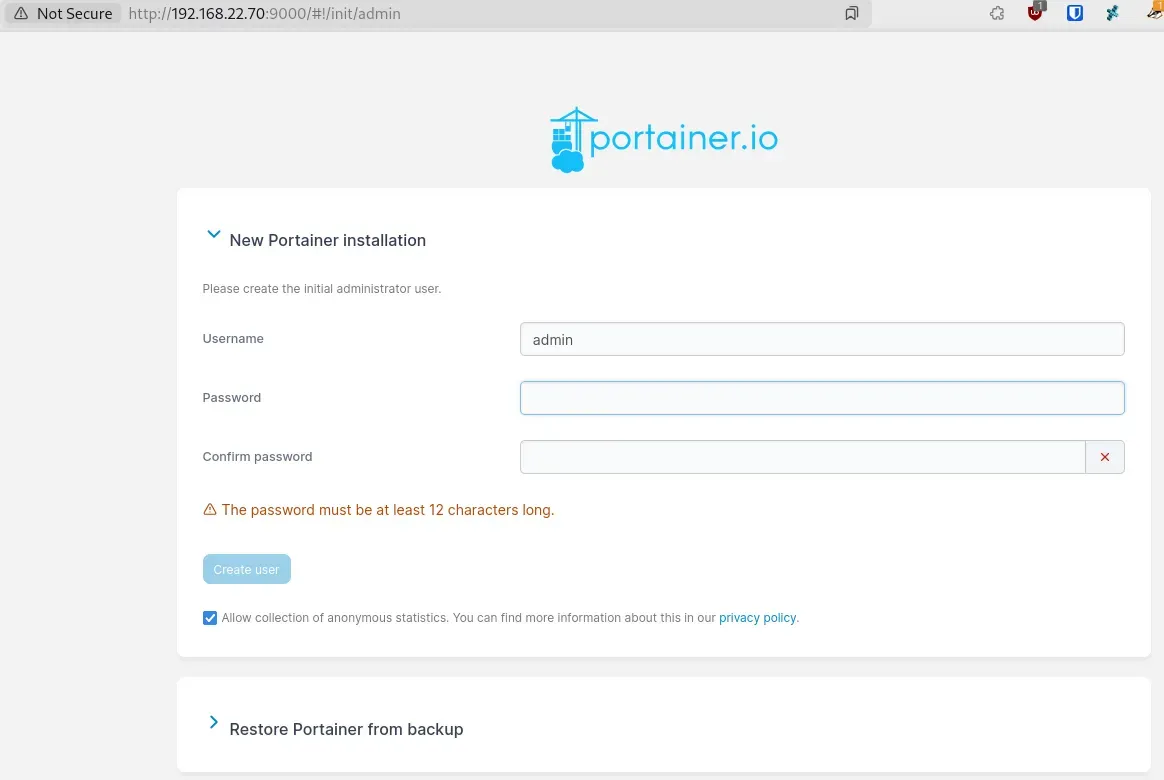 Portainer initial startup screen