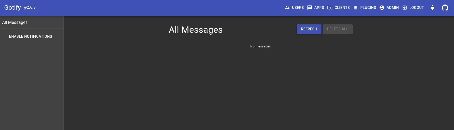 Gotify main dashboard after login