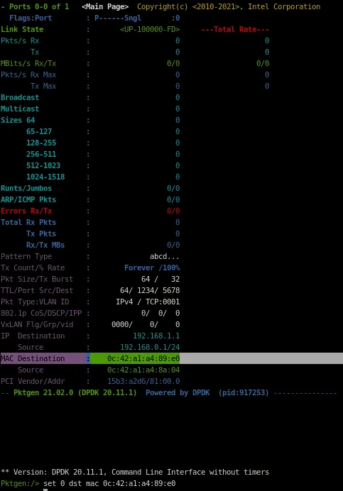 Confirm the changes by checking the highlighted line in pktgen