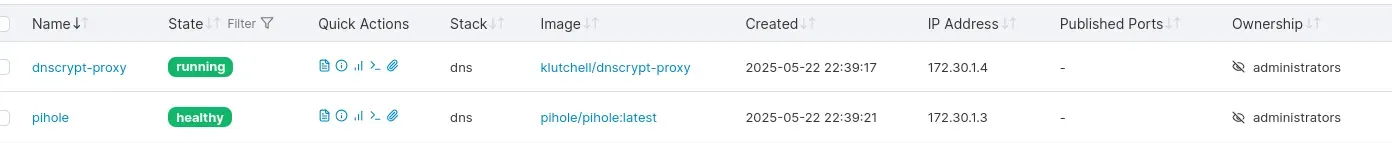 Both containers in our dns stack are up and running.