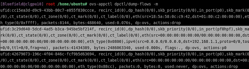 The corresponding flow’s dp flag is set to ovs, i.e., it is processed by the kernel datapath