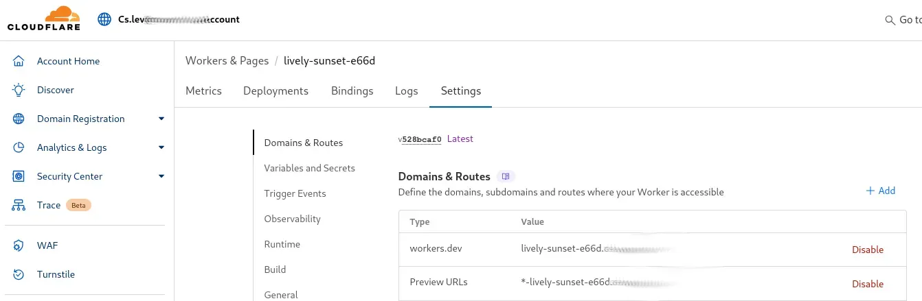 The domain & routes settings for the worker